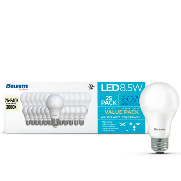 This LED A19 bulb delivers 750 lumens of warm 3000K light while using only 8.5W, replacing traditional 60W incandescent bulbs. The frosted finish provides even, glare-free illumination with a 10,000-hour lifespan. - alternate view