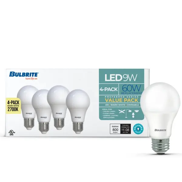 This 9W LED A19 bulb delivers 800 lumens of warm white light (2700K) equivalent to a traditional 60W incandescent. The frost finish provides soft, even illumination without glare, while full dimmability offers lighting control. - alternate view