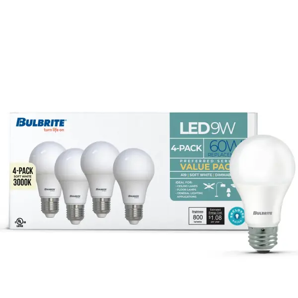 This 9W LED A19 bulb delivers the brightness of a traditional 60W incandescent while using 85% less energy. The 3000K warm white light creates a comfortable ambiance, and full dimmability works with most standard dimmers. - alternate view