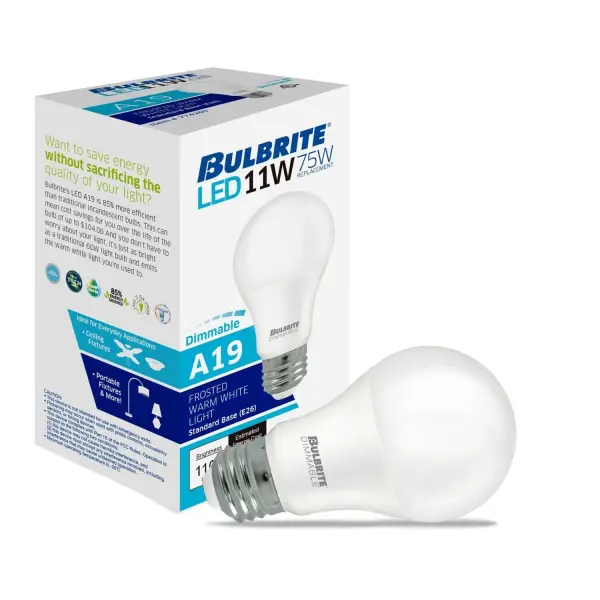 This 11W LED A19 bulb delivers 1100 lumens of warm white light equivalent to a 75W incandescent while using 85% less energy. The frosted finish provides soft, even illumination without harsh glare, perfect for any room. - alternate view