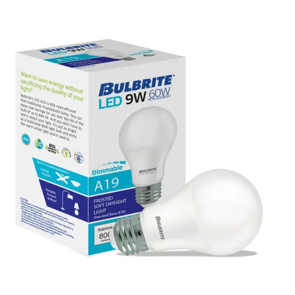 This 9W LED A19 bulb delivers 800 lumens of crisp 5000K daylight while using 85% less energy than traditional 60W incandescent bulbs. Fully dimmable with excellent color rendering and a frosted finish for glare-free lighting. - alternate view