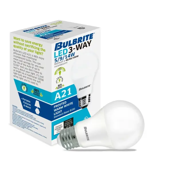 This LED replacement bulb offers three brightness levels (5W/9W/14W) for 3-way sockets, delivering warm 2700K light equivalent to a 100W incandescent. Perfect for table lamps and ceiling fixtures where adjustable lighting is needed. - alternate view