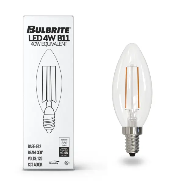This B11 LED bulb combines classic filament styling with modern efficiency, delivering 400 lumens of cool white light while using just 4.1W. Dimmable and damp-rated, it's perfect for chandeliers and decorative fixtures throughout your home. - alternate view