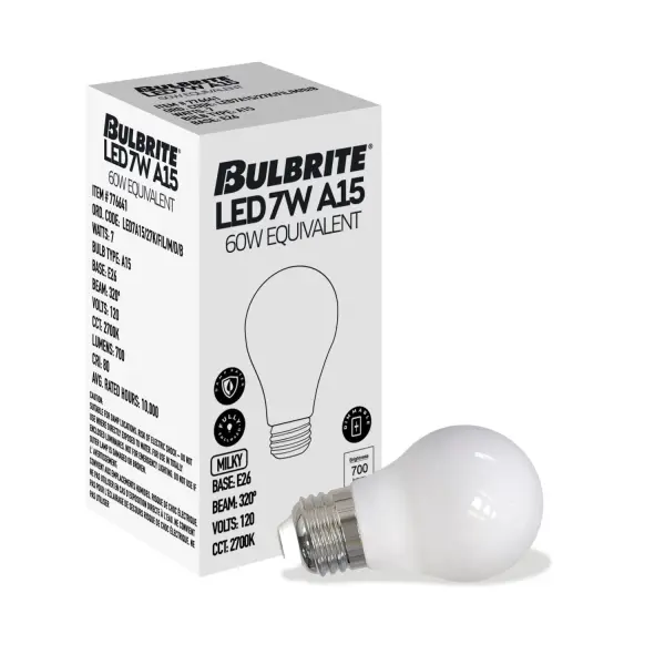 This 7.6W LED bulb delivers 800 lumens of warm white light while using 87% less energy than traditional 60W incandescent bulbs. The milky finish provides soft, even illumination without harsh glare, perfect for fixtures where the bulb is visible. - alternate view