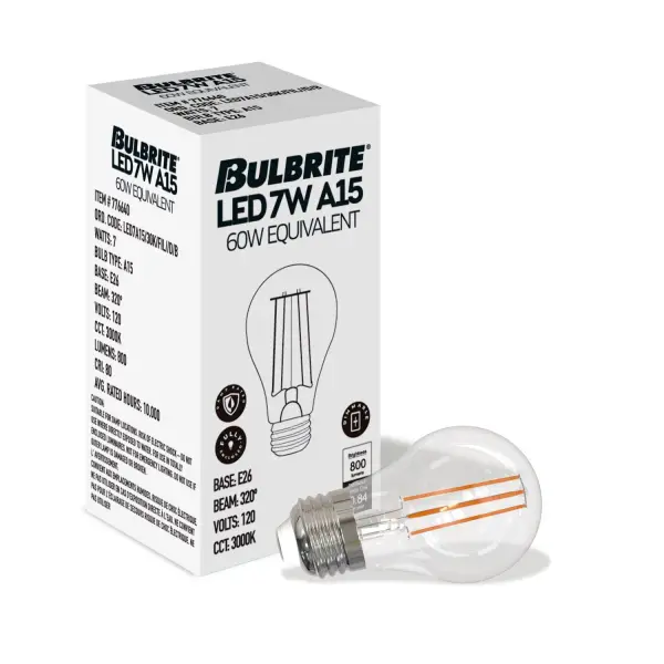 This versatile A15 LED bulb combines classic filament aesthetics with modern efficiency, delivering 800 lumens of warm 3000K light while using only 7.6W. Fully dimmable and damp-rated for indoor/outdoor use. - alternate view