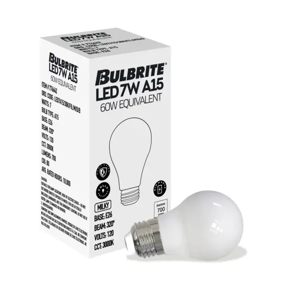 This 7.6W LED bulb delivers 800 lumens of warm 3000K light while using 87% less energy than traditional 60W incandescent bulbs. The milky finish provides soft, even illumination without harsh glare, perfect for any room. - alternate view