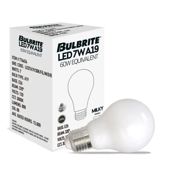 This A19 LED bulb delivers 800 lumens of warm 3000K light while using just 7.6W, replacing traditional 60W incandescent bulbs. The milky finish provides soft, even illumination without harsh glare, perfect for any room. - alternate view
