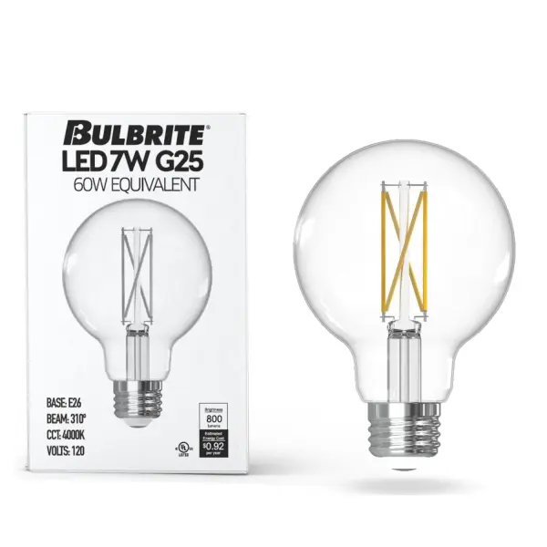 This 7.6W LED bulb delivers 800 lumens of 4000K cool white light while using 87% less energy than traditional 60W incandescent bulbs. The clear glass globe with visible filament design adds modern style to any fixture.