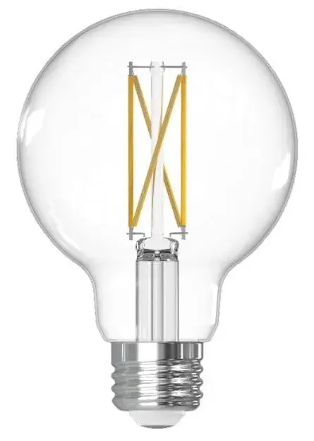 This 7.6W LED bulb delivers 800 lumens of 4000K cool white light while using 87% less energy than traditional 60W incandescent bulbs. The clear glass globe with visible filament design adds modern style to any fixture. - alternate view