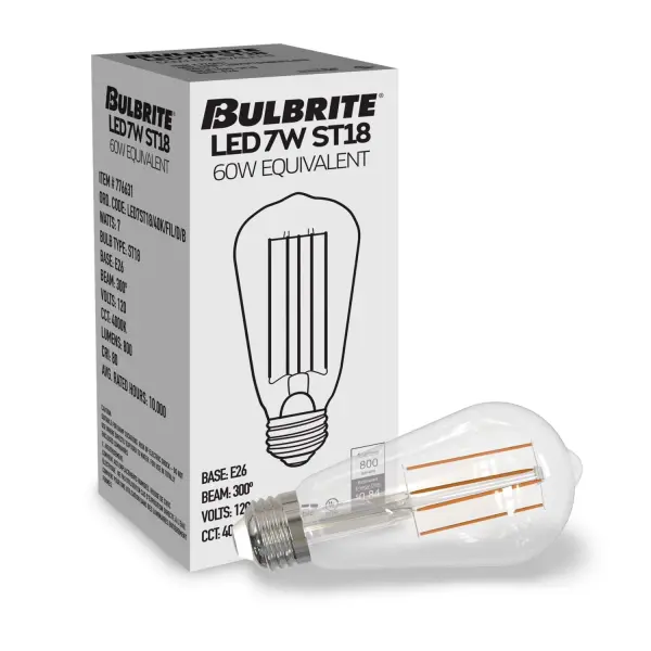 This ST18 LED bulb combines vintage Edison aesthetics with modern efficiency, delivering 800 lumens of cool white light while using only 7.6W. Fully dimmable with a 15,000-hour lifespan and damp rating for versatile placement. - alternate view