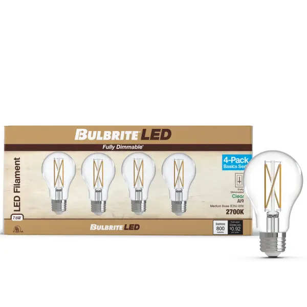 These LED A19 bulbs combine classic filament aesthetics with modern efficiency, delivering 800 lumens of warm white light while using only 7.6W. The clear glass showcases beautiful filament design, perfect for exposed fixtures. - alternate view
