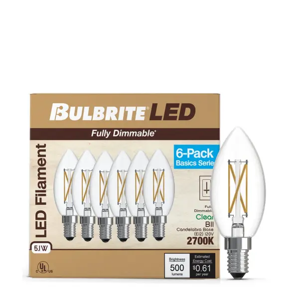 These LED B11 bulbs combine vintage filament aesthetics with modern efficiency, delivering 500 lumens of warm white light while using only 5.1W. Perfect for chandeliers and decorative fixtures, they're dimmable and rated for 15,000 hours. - alternate view