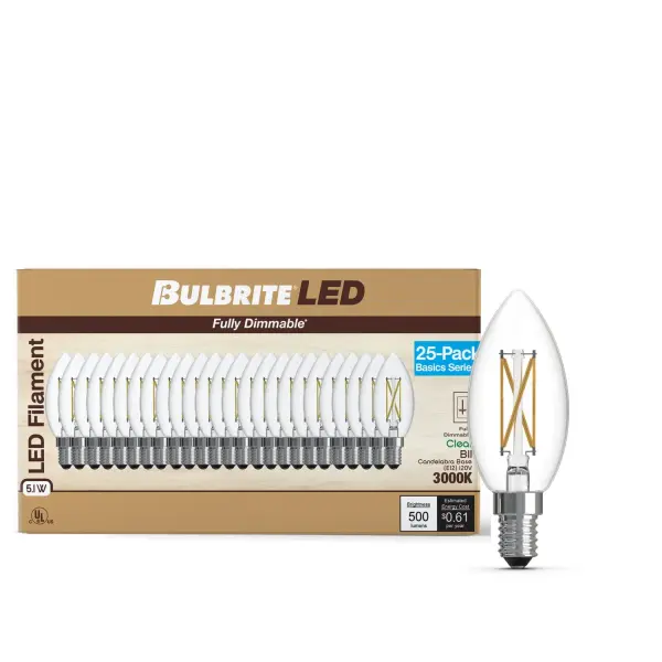These B11 LED bulbs combine classic filament aesthetics with modern efficiency, delivering 500 lumens of warm 3000K light while using only 5.1W. Perfect for chandeliers and decorative fixtures, they're dimmable and rated for 15,000 hours. - alternate view