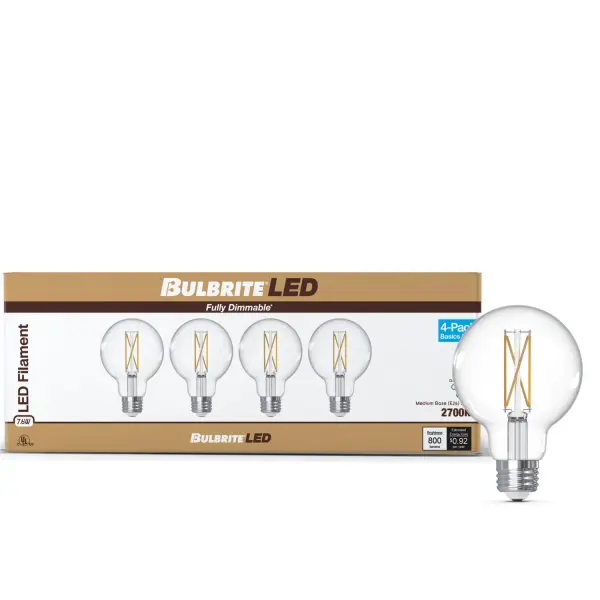 These G25 LED globe bulbs combine vintage aesthetics with modern efficiency, delivering 800 lumens of warm white light while using only 7.6W. The clear glass showcases beautiful filament design, perfect for exposed bulb fixtures. - alternate view