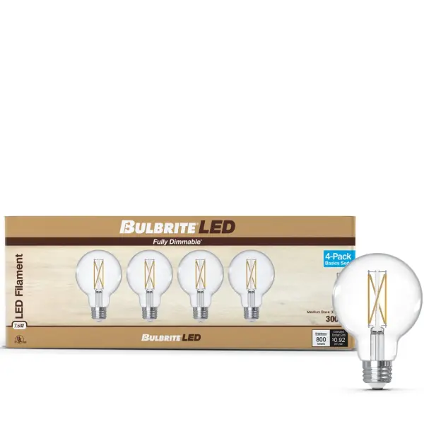 These G25 LED globe bulbs combine vintage aesthetics with modern efficiency, delivering 800 lumens of soft white light while using only 7.6W. The clear glass showcases beautiful filament design, perfect for exposed bulb fixtures. - alternate view