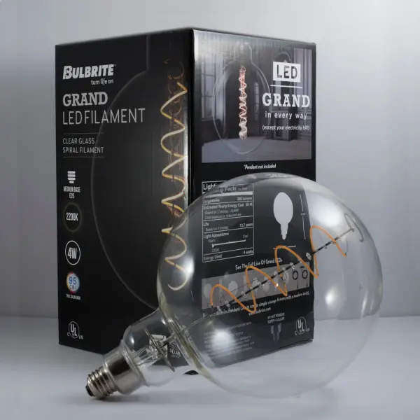 This grand G63 globe LED bulb combines nostalgic spiral filament aesthetics with contemporary energy efficiency. At just 4 watts, it replaces 60-watt incandescents while delivering 15,000 hours of warm 2200K light. Fully dimmable and damp-rated for versatile indoor-outdoor use. - alternate view