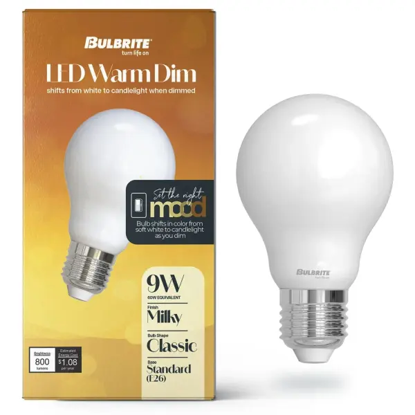 This 9W LED A19 bulb delivers authentic warm dimming from 3000K to 1800K, mimicking traditional incandescent behavior. Features milky glass finish, CRI90 color accuracy, wet-rated durability, and 5-year warranty. - alternate view