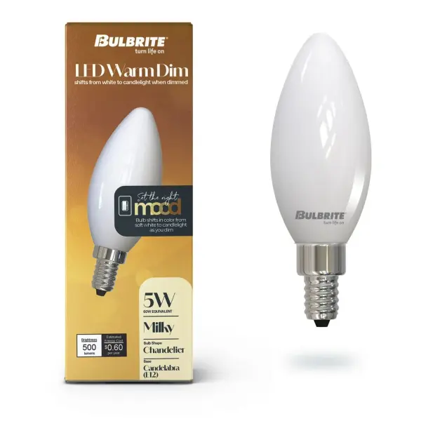 This 5W LED chandelier bulb delivers authentic warm dimming from 3000K to 1800K, replicating the cozy ambiance of traditional incandescent bulbs while providing energy-efficient LED performance and a 5-year warranty. - alternate view