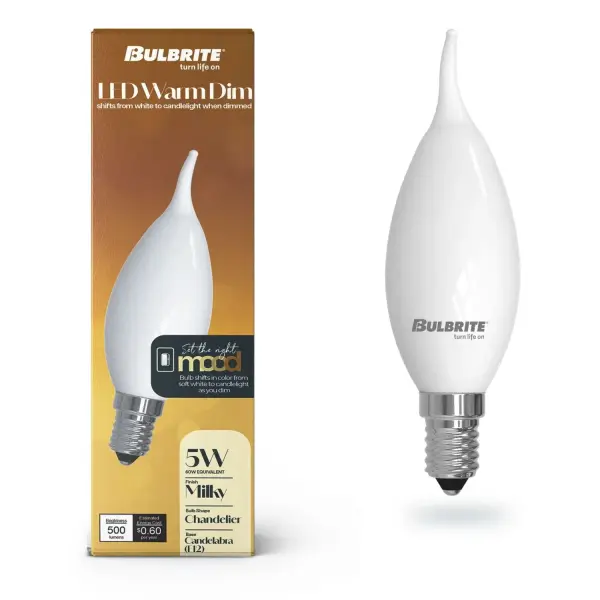 This innovative LED candelabra bulb shifts from bright 3000K task lighting to warm 1800K candlelight when dimmed, perfectly replicating the cozy ambiance of traditional incandescent bulbs while delivering modern energy efficiency and a 5-year warranty. - alternate view
