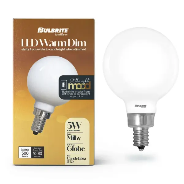 This G16 globe LED bulb delivers authentic warm dimming from 3000K to 1800K, replicating the cozy ambiance of traditional incandescent bulbs while providing energy-efficient LED performance and a 5-year warranty. - alternate view