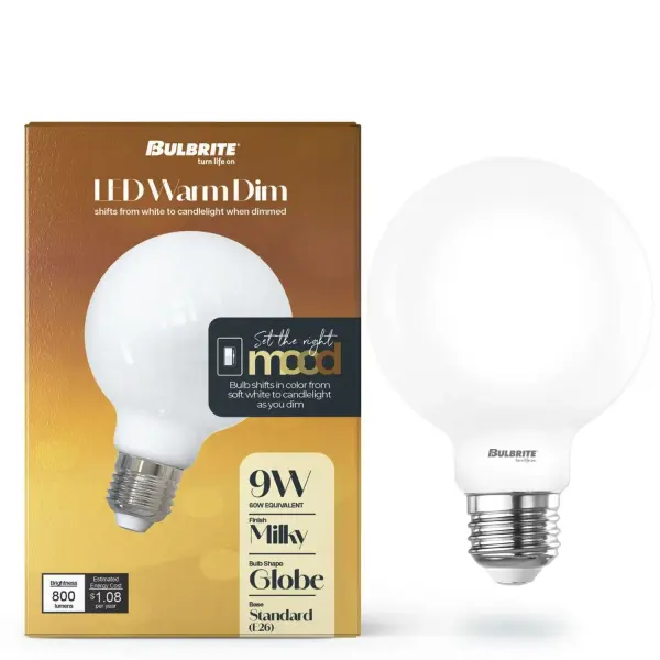 This G25 globe LED bulb delivers authentic warm dimming from 3000K to 1800K, mimicking traditional incandescent behavior while providing energy-efficient LED performance. Perfect for visible bulb fixtures with excellent color rendering. - alternate view