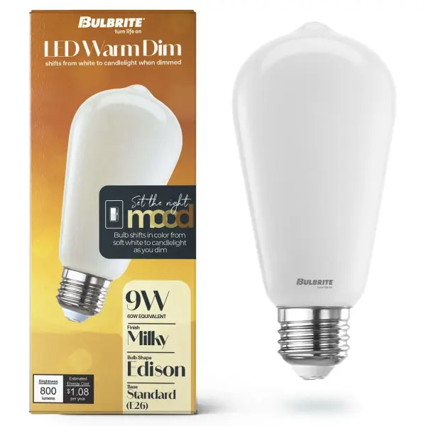 This ST18 Edison-style LED bulb combines classic aesthetics with modern warm dimming technology, shifting from 3000K to 1800K for versatile mood lighting. Features milky glass finish, 90 CRI, and wet rating for indoor/outdoor use. - alternate view