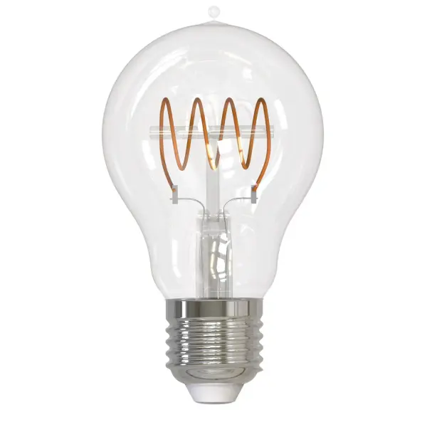 This energy-efficient A19 LED bulb combines nostalgic Edison-style aesthetics with modern LED technology. The curved loop filament creates a distinctive decorative element while delivering warm 2100K amber light.