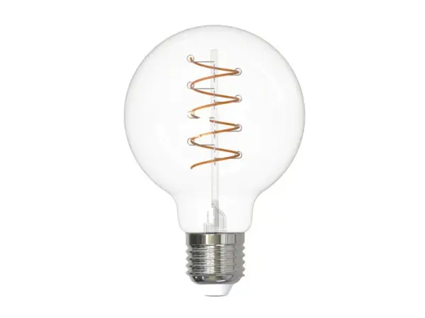 This G25 globe LED bulb combines nostalgic curved filament design with modern efficiency. At just 4.5 watts, it delivers warm 2100K amber light while lasting up to 15,000 hours. Fully dimmable and wet-rated for versatile indoor/outdoor use. - alternate view