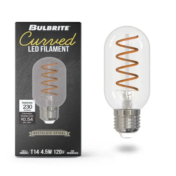 This T14 tubular LED bulb combines nostalgic Edison-style aesthetics with modern energy efficiency. The curved spiral filament creates warm ambient lighting at 2100K while using only 4.5 watts to replace 40-watt incandescent bulbs. - alternate view