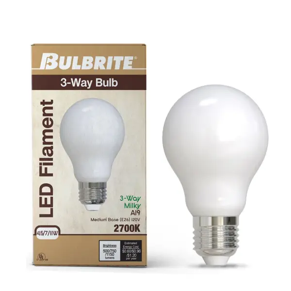 This 3-way selectable A19 LED bulb offers adjustable brightness levels from 40W to 75W equivalent without requiring a dimmer switch. Perfect for bedside lamps and living room tables with milky white finish for even illumination. - alternate view