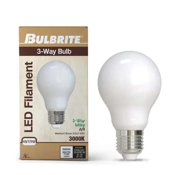 This 3-way selectable A19 LED bulb offers three brightness levels (500-1150 lumens) without needing a dimmer switch. Perfect for bedside lamps and living room tables, it delivers energy-efficient lighting with a warm 3000K glow and 15,000-hour lifespan. - alternate view