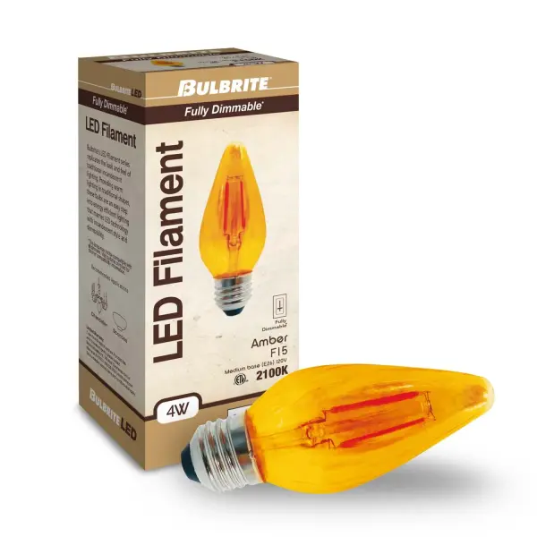 The Fiesta F15 LED bulb delivers warm 2100K amber light through iridescent glass, creating a festive atmosphere. Energy-efficient 4W LED replaces 40W incandescent while lasting 15,000 hours. Fully dimmable and damp-rated. - alternate view