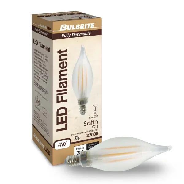 This C11 LED bulb delivers warm 2700K lighting with a sophisticated satin finish, using only 4W to replace 40W incandescent bulbs. Fully dimmable and damp-rated for versatile indoor/outdoor use with 15,000-hour lifespan. - alternate view
