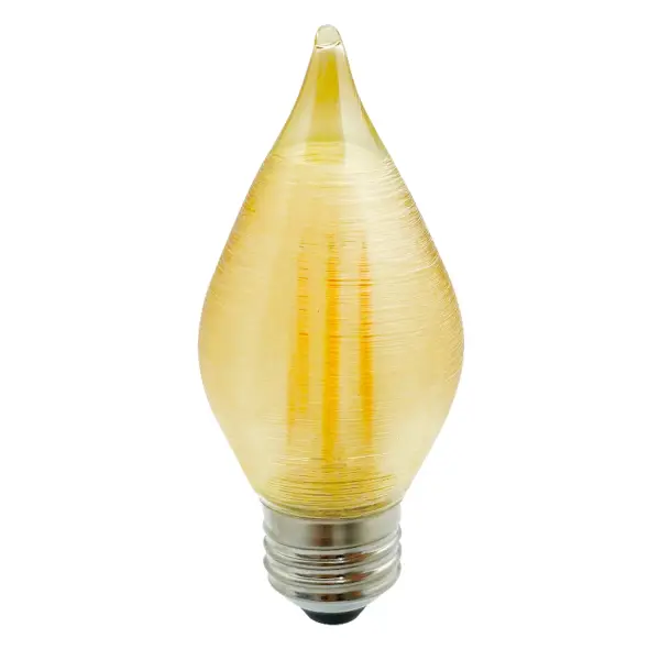 This decorative LED bulb features a unique silk-spun filament design that mimics vintage flame bulbs while delivering modern energy efficiency. The warm 2100K amber glow creates intimate atmosphere perfect for exposed bulb fixtures.