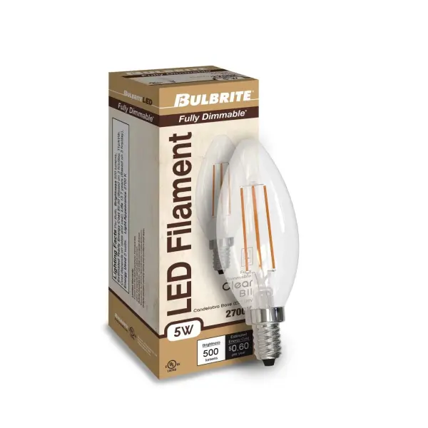 This 5W LED B11 bulb delivers 500 lumens of warm white light while using 92% less energy than traditional 60W incandescent bulbs. The clear filament design provides vintage aesthetics with modern efficiency, lasting up to 15,000 hours. - alternate view