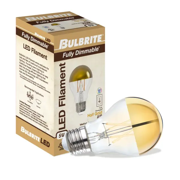 This decorative A19 LED bulb combines energy efficiency with elegant style. The half gold finish reduces glare while adding a sophisticated touch to exposed bulb fixtures. Perfect for pendants, chandeliers, and sconces. - alternate view