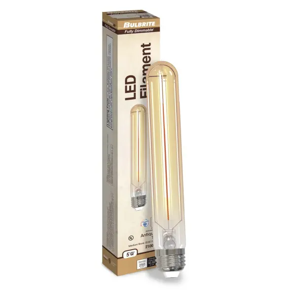 This 7.5-inch T9 tubular LED bulb combines nostalgic filament styling with modern efficiency. The 2100K amber light creates a warm, inviting atmosphere while using only 5 watts. Fully dimmable and wet-rated for versatile indoor/outdoor use. - alternate view