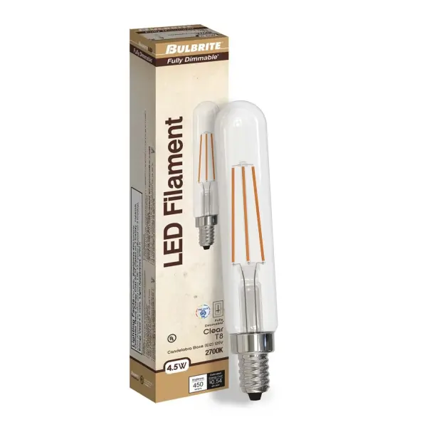 This T8 LED bulb combines classic filament aesthetics with modern efficiency, using just 4.5W to deliver 450 lumens of warm white light. Fully dimmable with a 15,000-hour lifespan and damp rating for versatile indoor/outdoor use. - alternate view