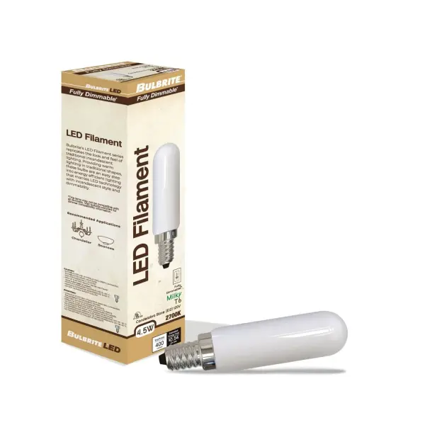 This T6 LED bulb delivers warm, inviting 2700K light while using just 4.5 watts to replace traditional 40W bulbs. The milky finish provides soft, diffused illumination perfect for decorative fixtures. - alternate view