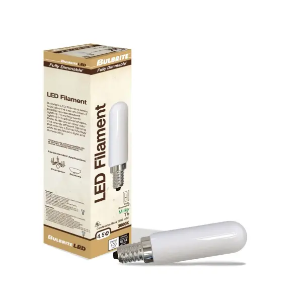 This T6 LED bulb delivers warm 3000K lighting while using just 4.5 watts to replace traditional 40W bulbs. The milky finish provides soft, diffused light perfect for decorative fixtures. Fully dimmable and damp-rated for versatile indoor/outdoor use. - alternate view