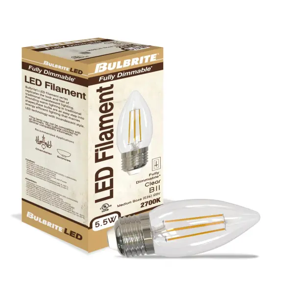 This B11 LED filament bulb combines vintage aesthetics with modern efficiency, delivering warm 2700K light while using only 5.5 watts. Fully dimmable and wet-rated for versatile indoor/outdoor use. - alternate view