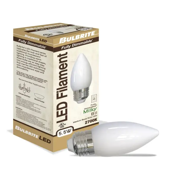 This B11 LED bulb delivers warm 2700K lighting while using only 5.5 watts to replace traditional 60W bulbs. The milky finish provides soft, diffused light perfect for chandeliers and decorative fixtures, with full dimming capability. - alternate view