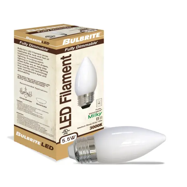 This B11 LED bulb combines classic filament styling with modern efficiency, delivering warm 3000K light while using only 5.5 watts. The milky finish provides soft, diffused illumination perfect for chandeliers and decorative fixtures. - alternate view