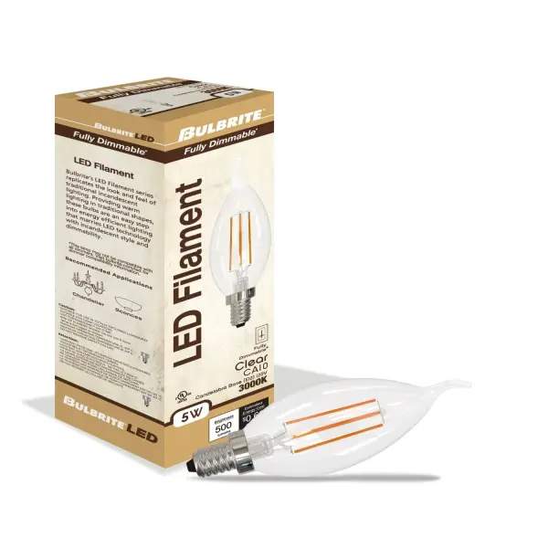 This CA10 LED bulb combines classic filament aesthetics with modern efficiency, delivering 500 lumens while using only 5 watts. Fully dimmable and damp-rated for versatile indoor/outdoor use with a 15,000-hour lifespan. - alternate view
