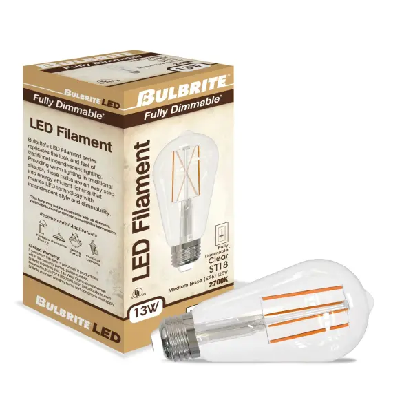 This ST18 Edison-style LED bulb combines nostalgic filament aesthetics with energy-efficient technology. At 13W it delivers 100W equivalent brightness (1400 lumens) with warm 2700K light, perfect for exposed bulb fixtures. - alternate view