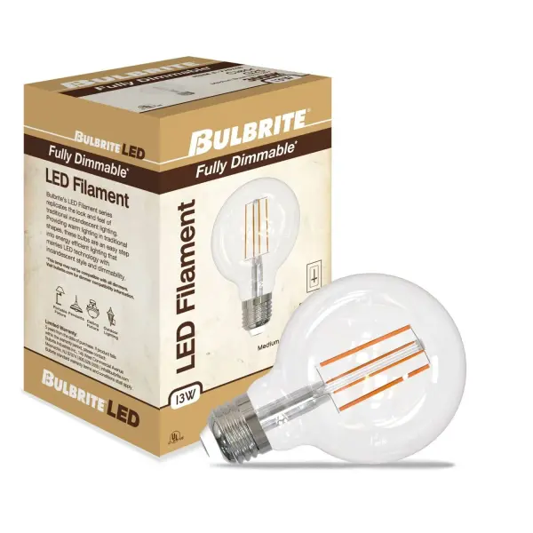 This 13W LED G25 globe bulb delivers 1400 lumens of soft white light while using 91% less energy than a 150W incandescent. Features exposed filament design, full dimming compatibility, and wet rating for versatile indoor/outdoor use. - alternate view