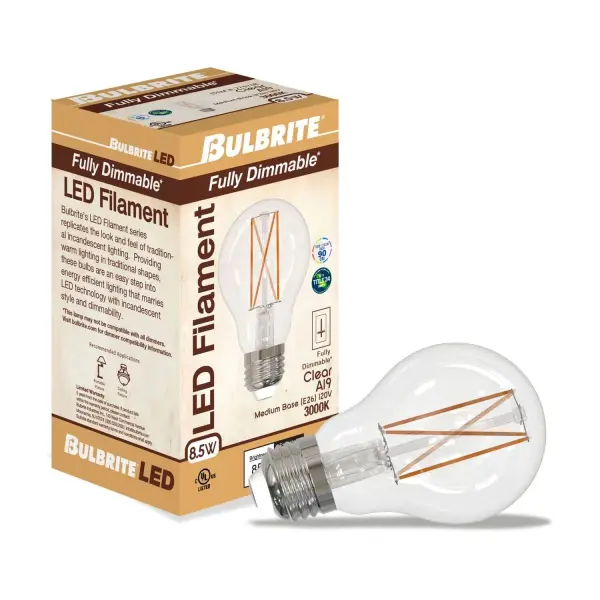 This 8.5W LED A19 bulb delivers 850 lumens of warm 3000K light while using 86% less energy than traditional 60W incandescent bulbs. The clear filament design adds vintage charm, and it's fully dimmable and wet-rated for versatile indoor/outdoor use. - alternate view