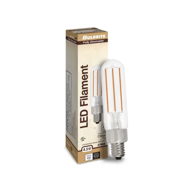This T6 LED bulb combines classic filament aesthetics with modern efficiency, using just 4.5W to deliver 450 lumens of warm white light. Fully dimmable with a 15,000-hour lifespan and damp rating for versatile indoor/outdoor use. - alternate view