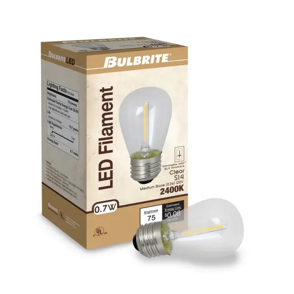 This S14 LED filament bulb combines classic Edison-style aesthetics with modern LED efficiency. At just 1 watt, it delivers warm 2700K light while lasting up to 10,000 hours. Fully dimmable and damp-rated for versatile placement. - alternate view
