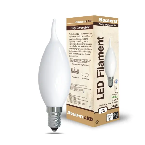 This CA10 LED bulb delivers warm 3000K lighting with a soft milky finish, perfect for chandeliers and decorative fixtures. Fully dimmable and rated for 15,000 hours, it uses only 5W while providing 500 lumens of beautiful ambient light. - alternate view